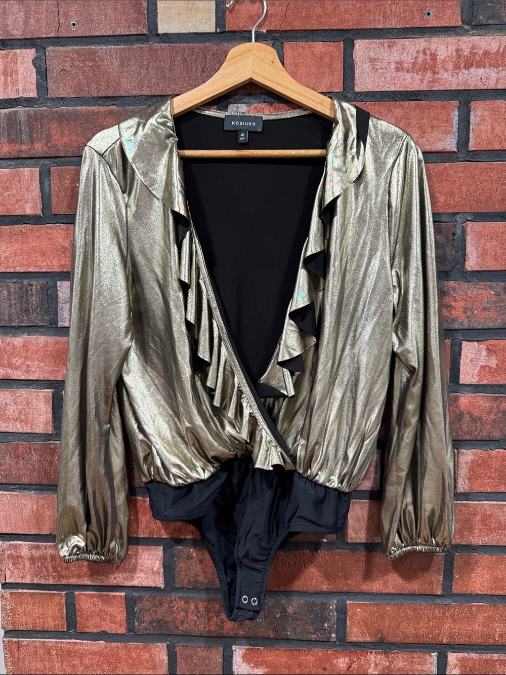 kosiuko Metallic Gold Ruffle-Trim Bodysuit Top